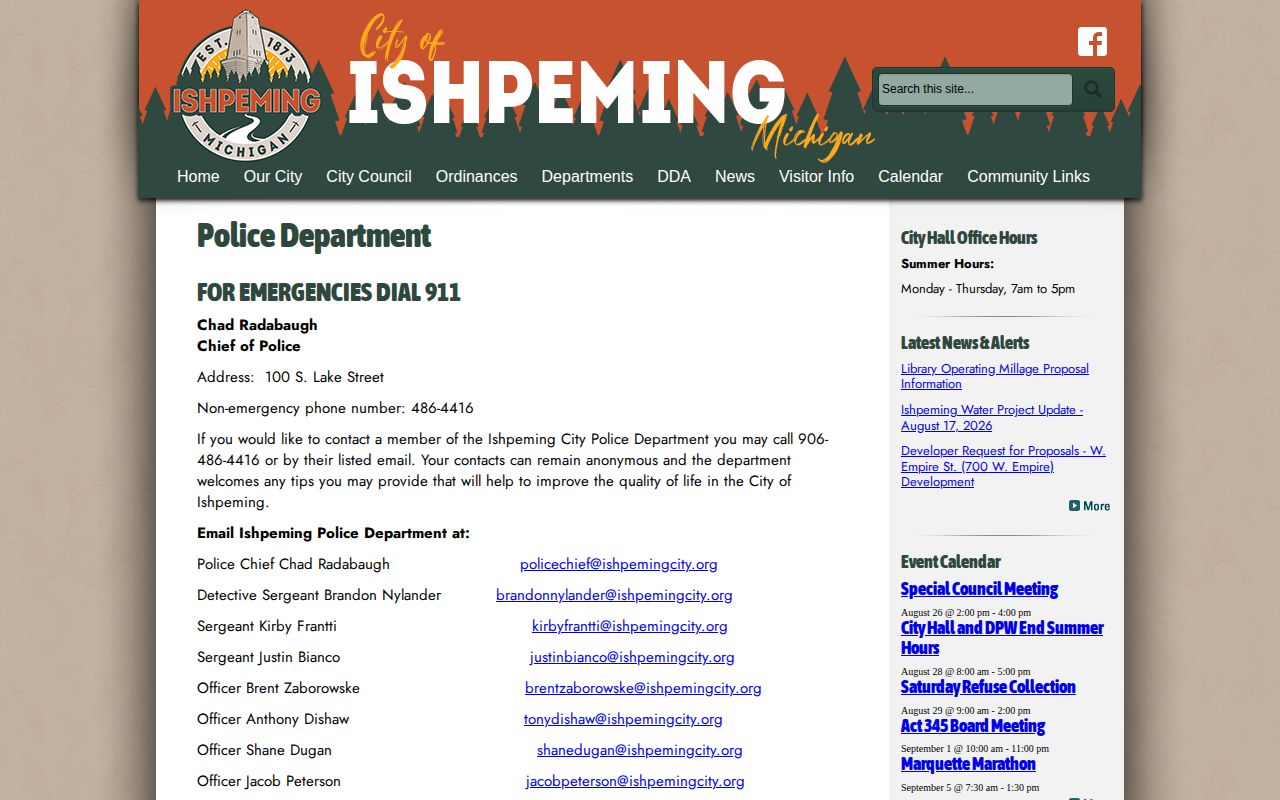 Ishpeming Police Department page for Marquette County arrest-record inquiries