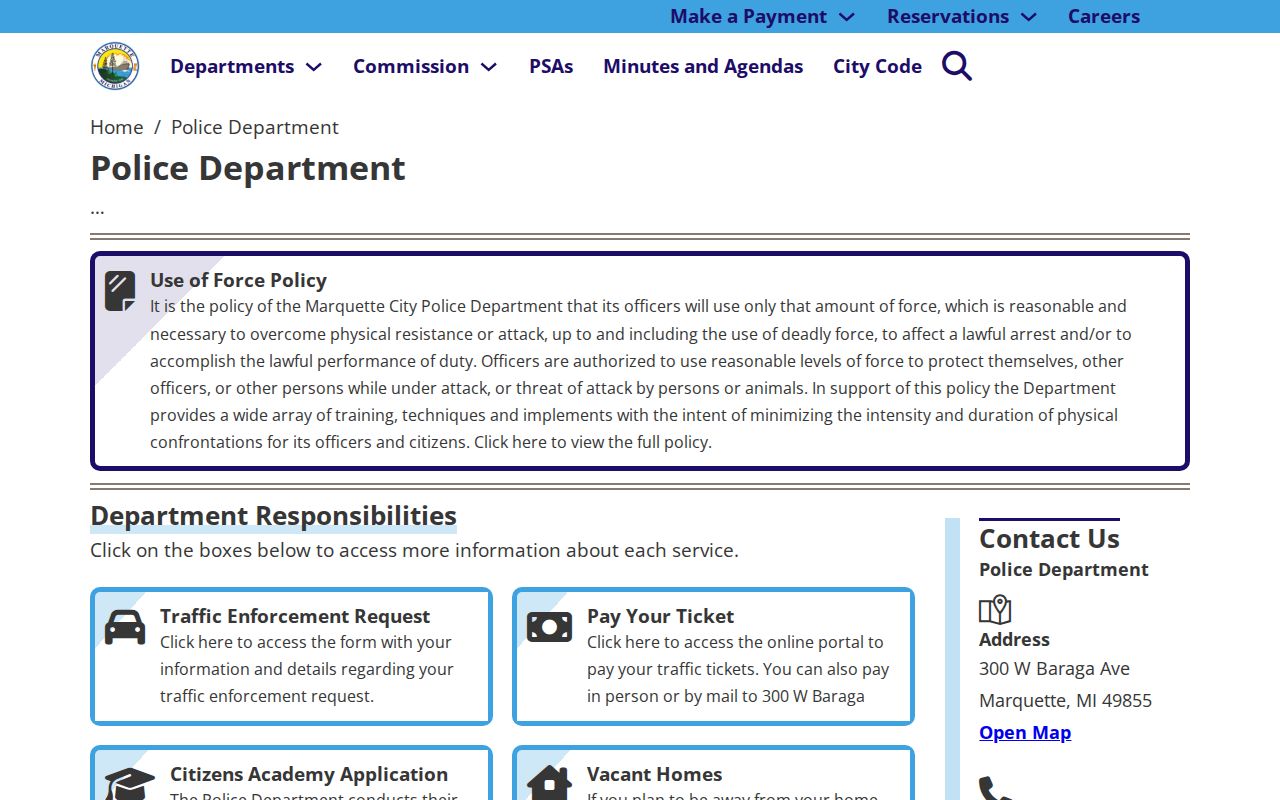 Screenshot of the official Marquette City Police Department webpage