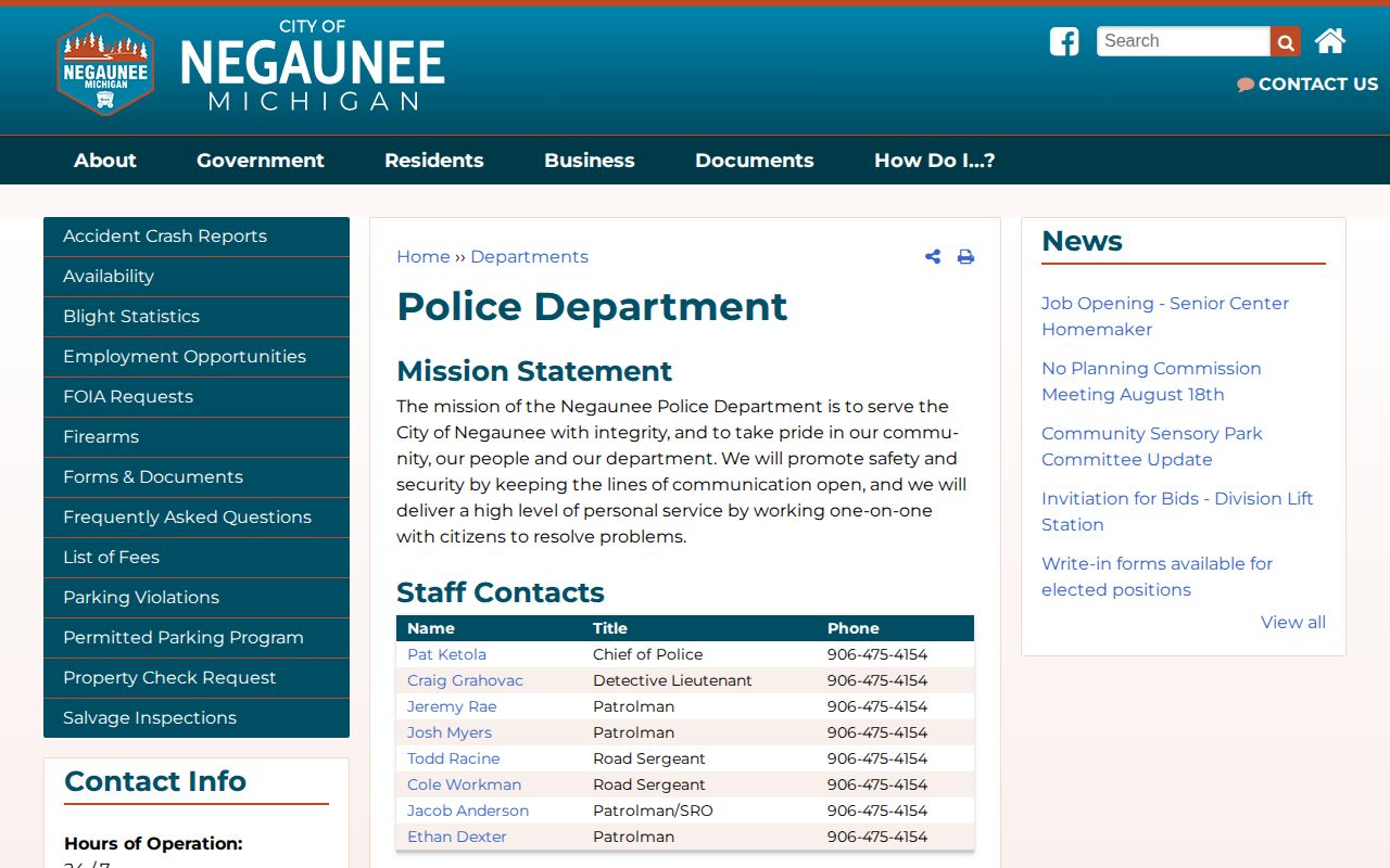 Marquette County Negaunee Police Department booking-record contact information
